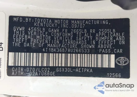 2008 Toyota Avalon Limited z USA, uszkodzony, nr VIN 4T1BK36B78U266533